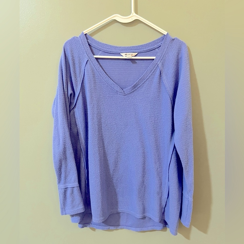 Wildfox Waffle Knit V Neck Fleece Thermal periwinkle long sleeve small